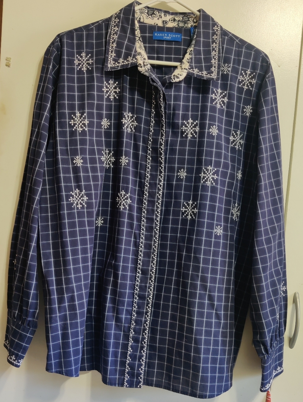 Karen Scott Navy Plaid Snowflake Embroidered Button Down Blouse